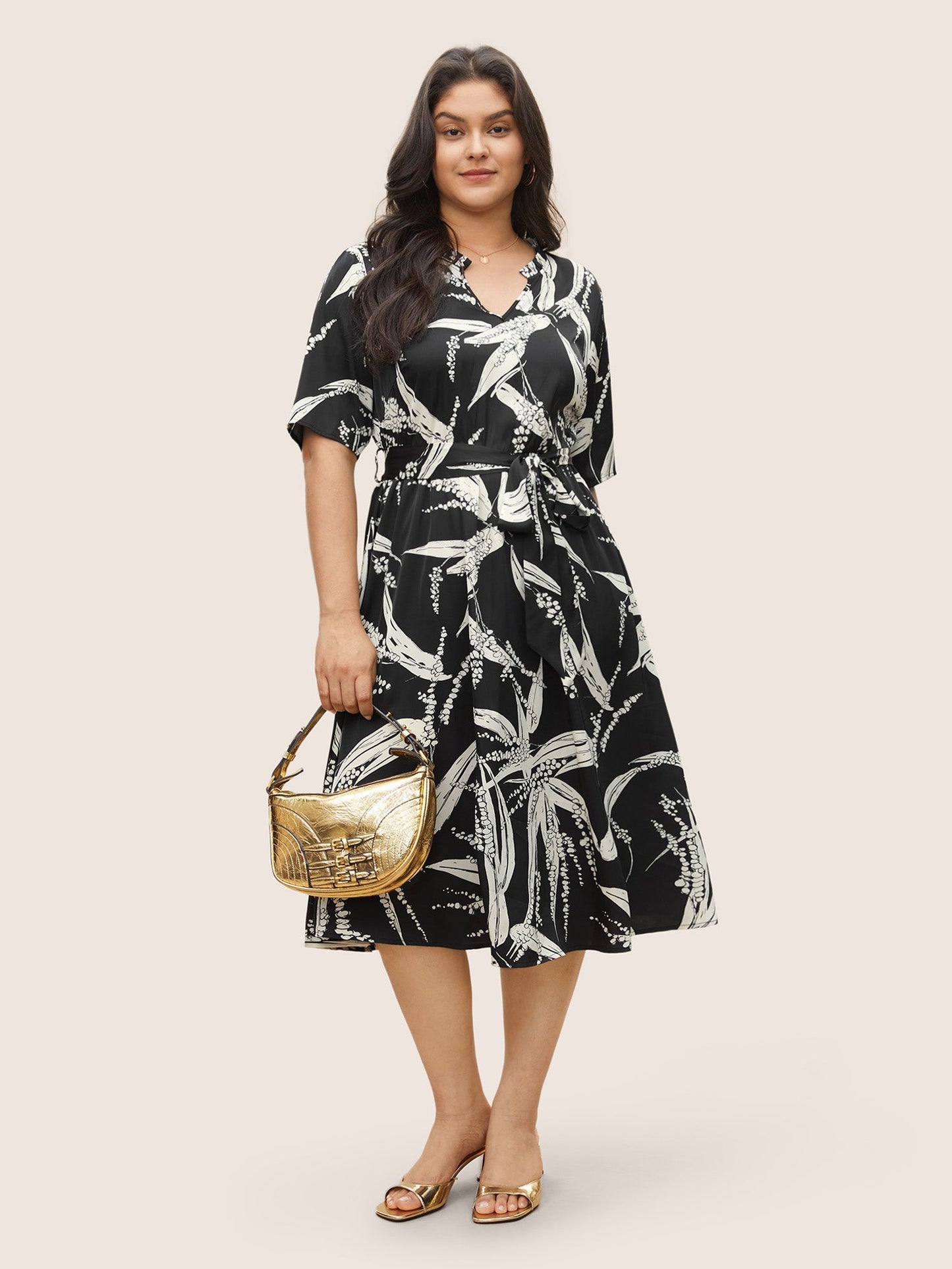 Plants Print Notched Belted Pocket Dress