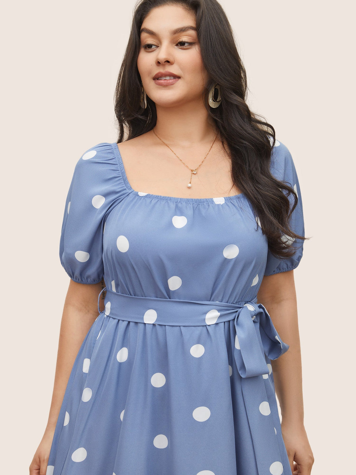 Polka Dot Gathered Belted Lantern Sleeve Dress