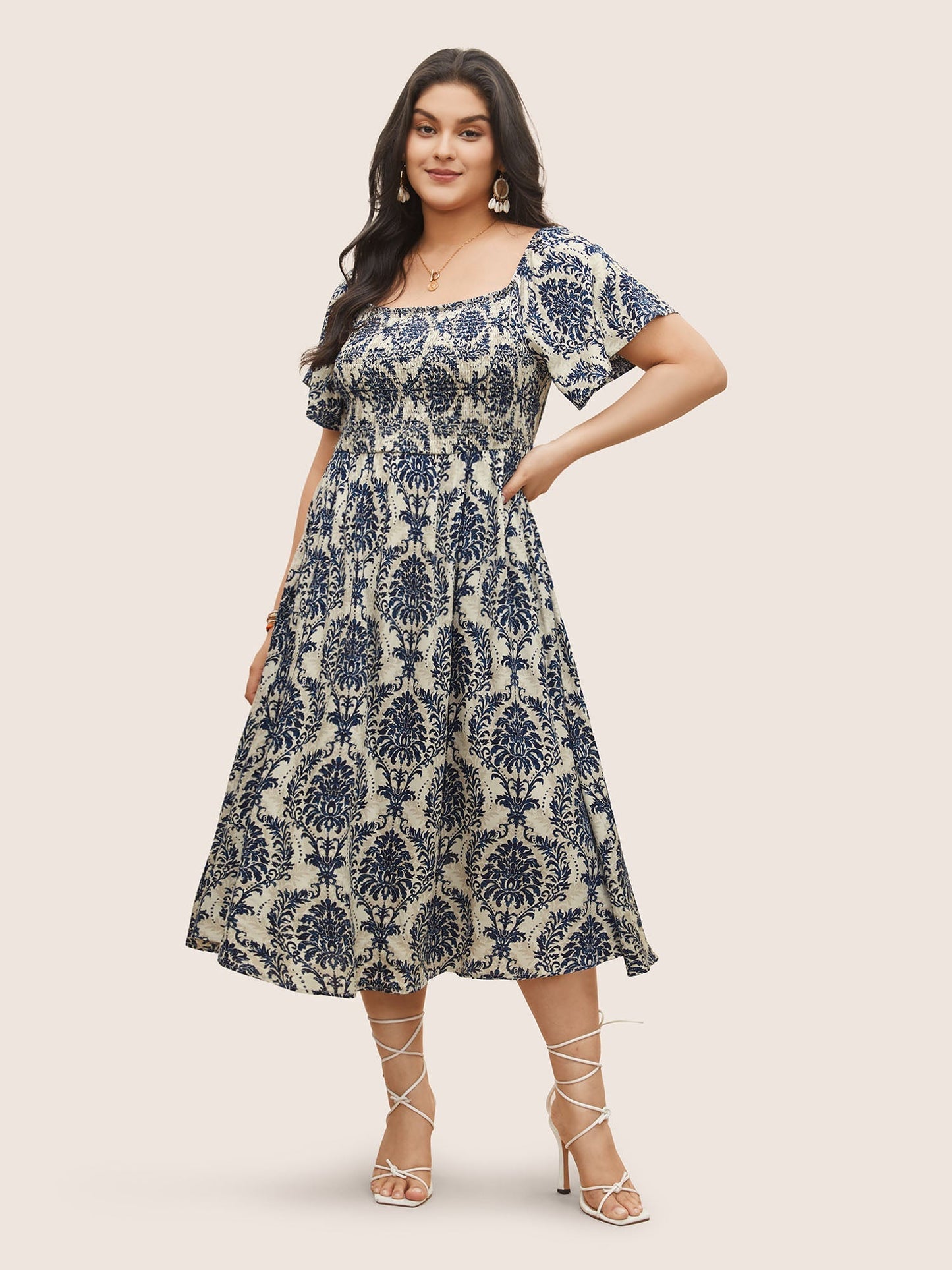 Bandana Print Shirred Off Shoulder Dress