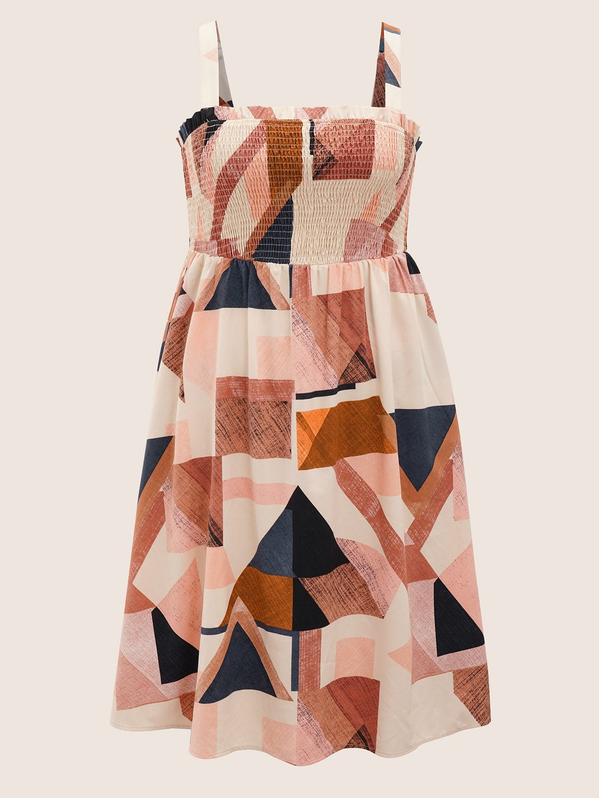 Geometric Colorblock Shirred Frill Trim Cami Dress
