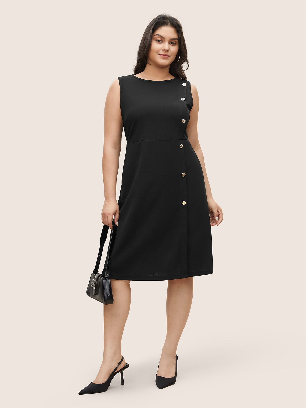 Plain Sleeveless Button Detail Pocket Dress