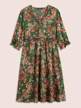 Floral Print Flutter Sleeve Shirred Pleated Dress