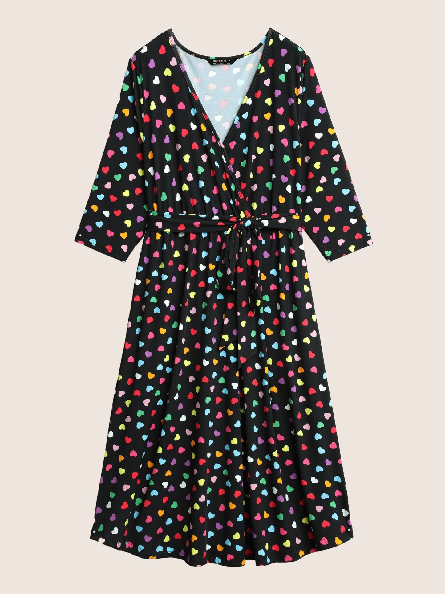 Colored Heart Print Belted Overlap Collar Dress