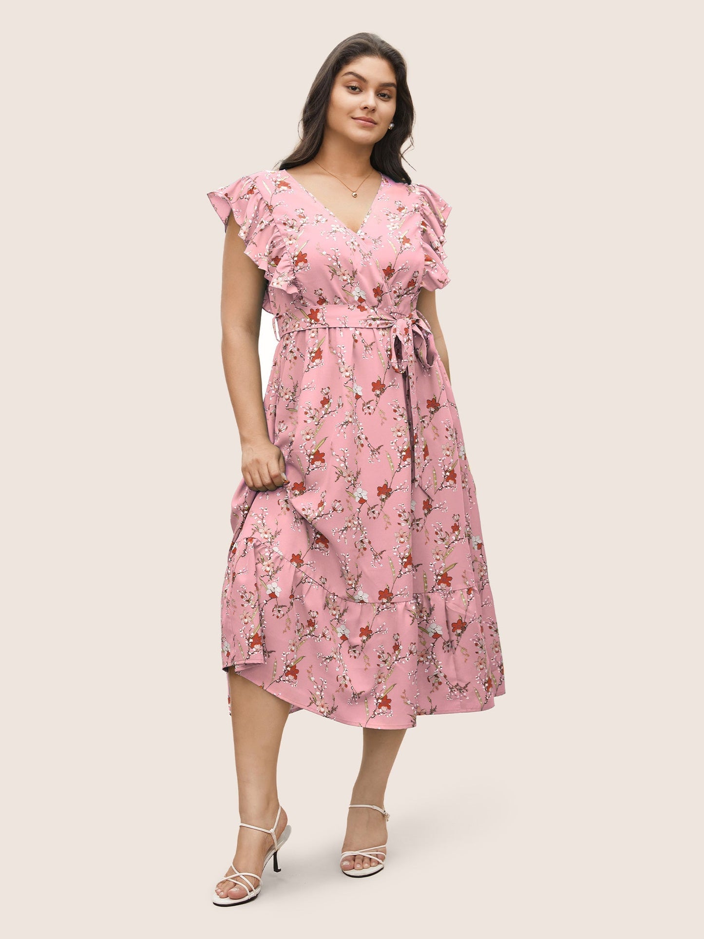 Ditsy Floral Flutter Trim Pocket Layered Hem Dress