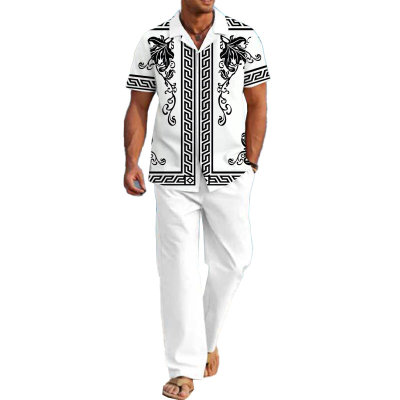 Men's Casual Printed Short Sleeve Shirt and Pants Set 54024830YM