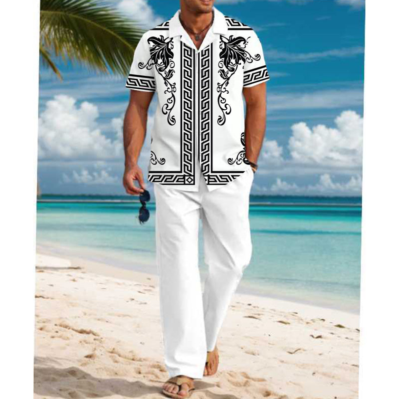 Men's Casual Printed Short Sleeve Shirt and Pants Set 54024830YM