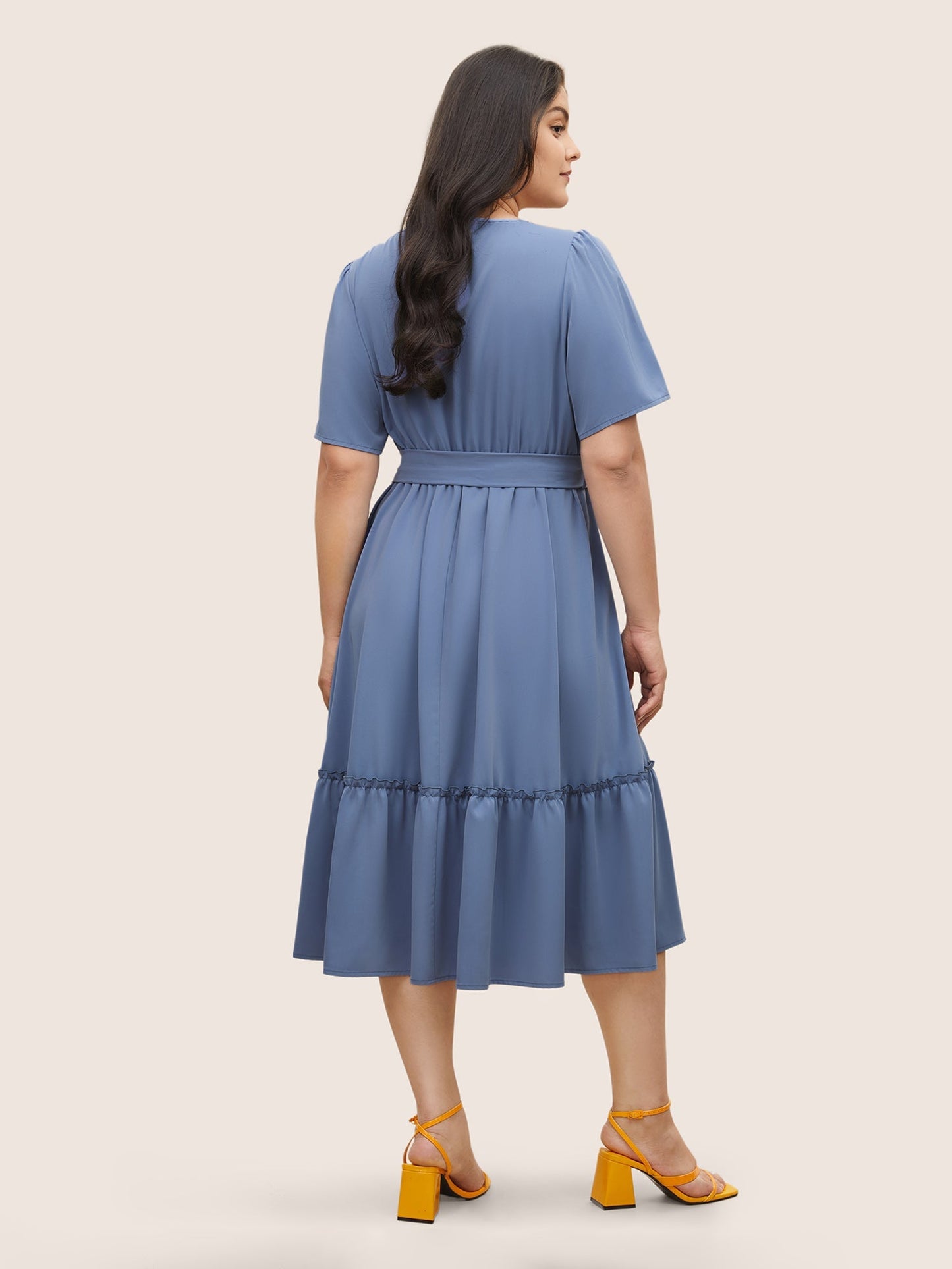 Solid Frill Trim Buckle Detail Belted Dress