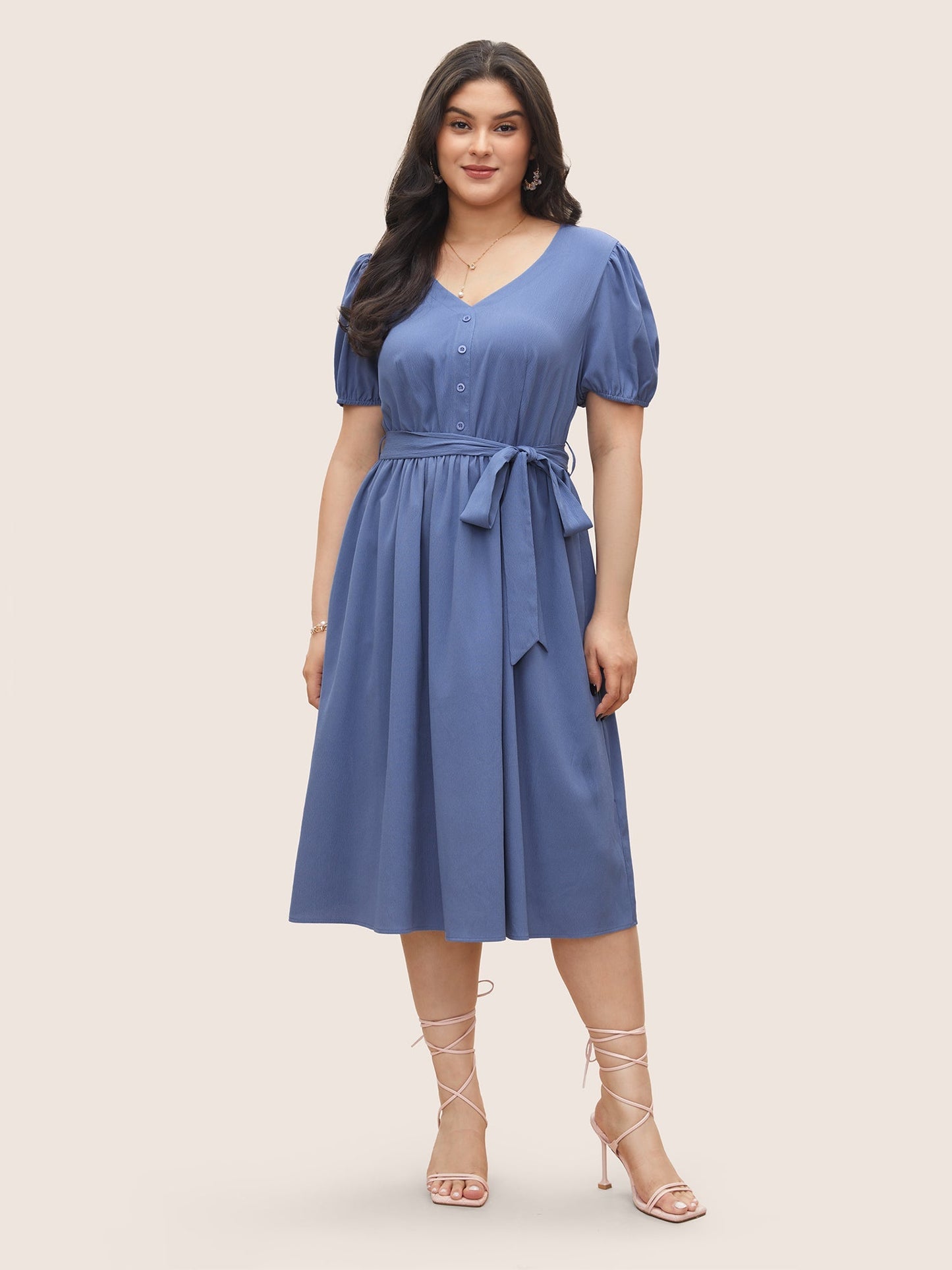 Solid Button Detail Belted Elastic Waist Dress