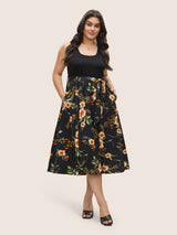 Floral Patchwork Pocket Elastic Waist Sleeveless Dress