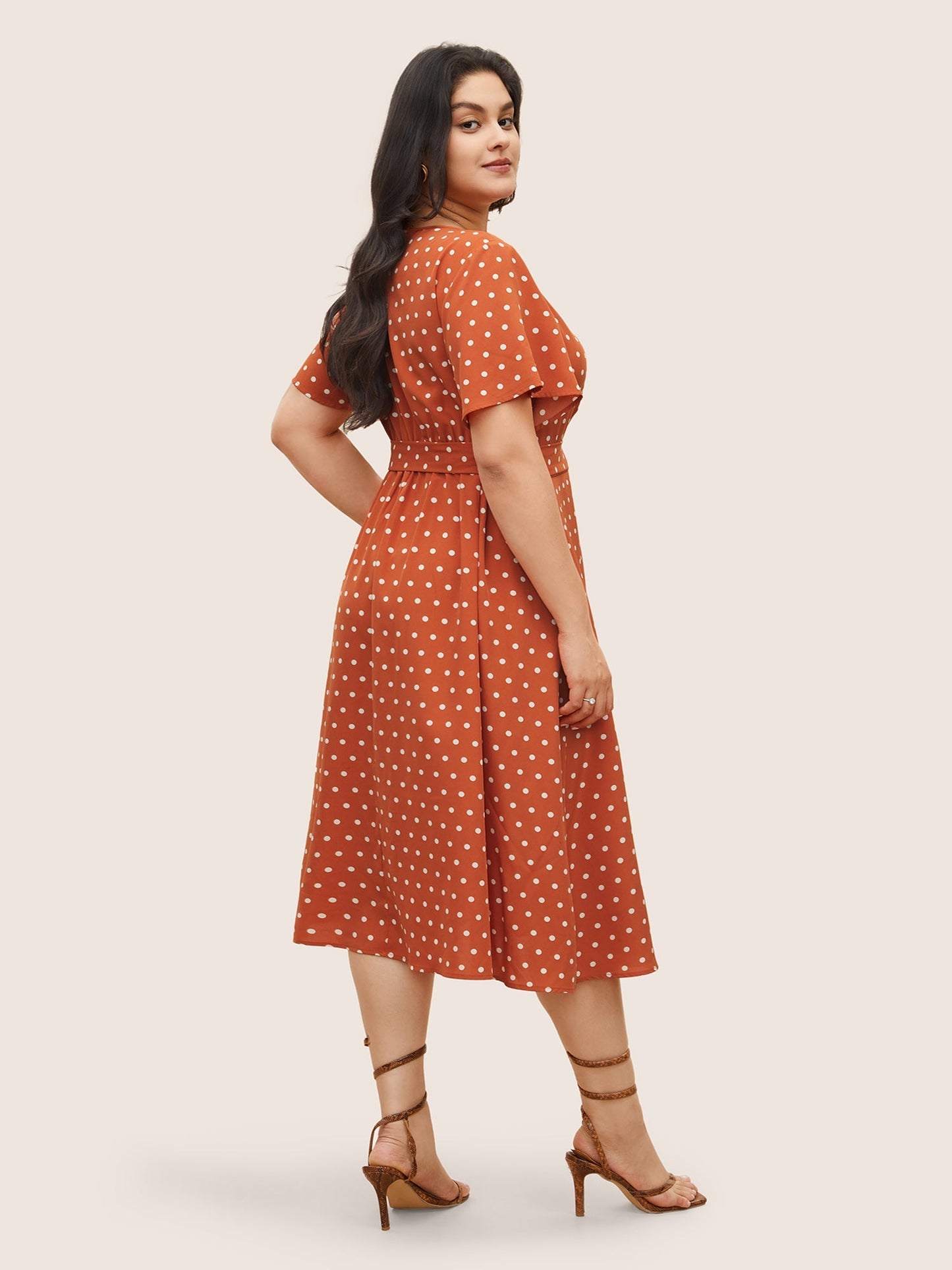 Polka Dot Drawstring Belted Ruffle Sleeve Dress