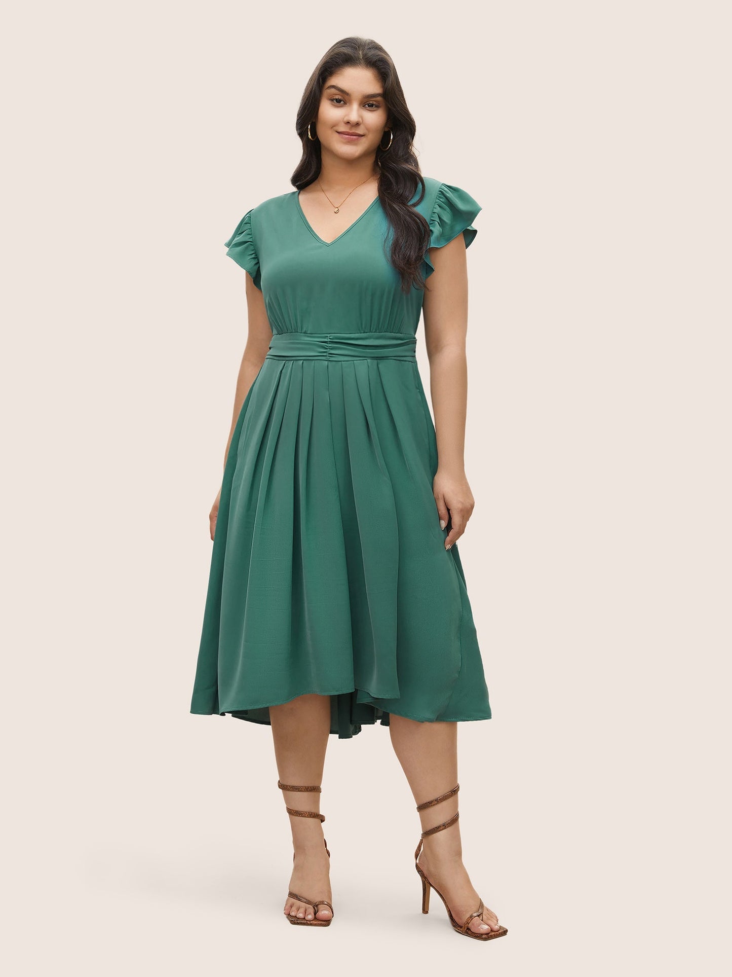 Anti-Wrinkle Solid Ruched Flutter Trim Pleated Dress