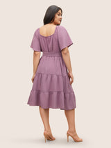 Plain Textured Ruffle Layered Hem Belted Dress