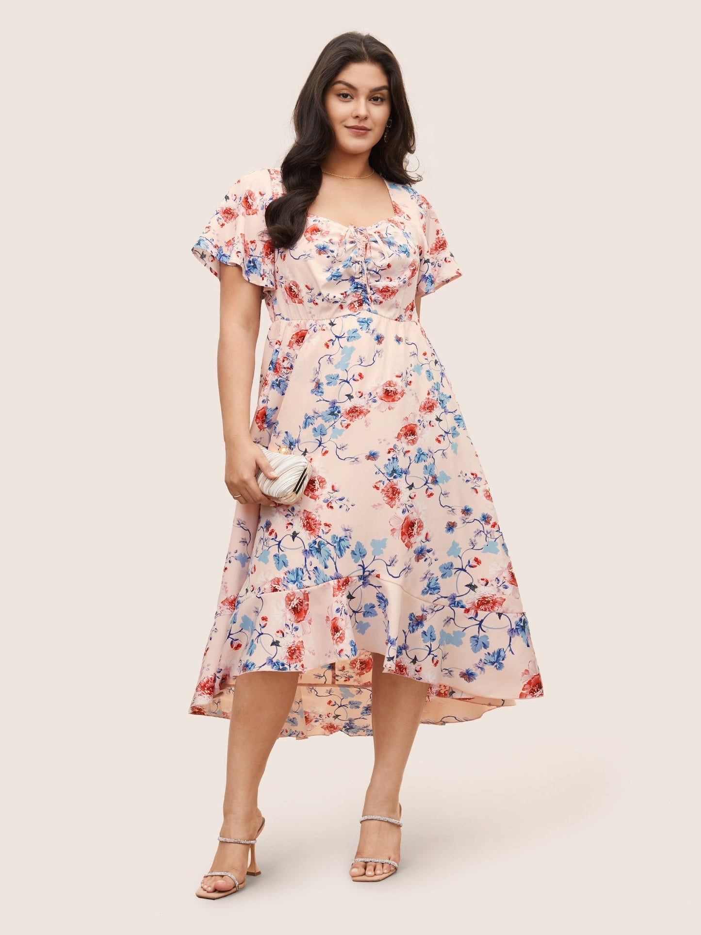 Square Neck Floral Print Gathered Drawstring Dress