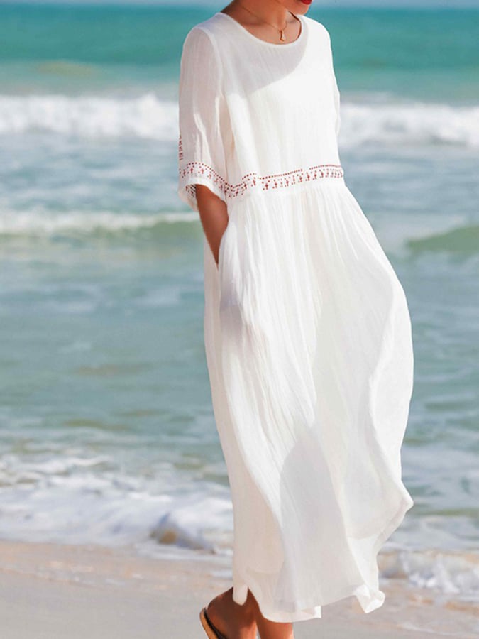 Cotton And Linen Embroidered Loose Dress