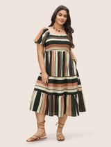 Patchwork Striped Shirred Pocket Dress