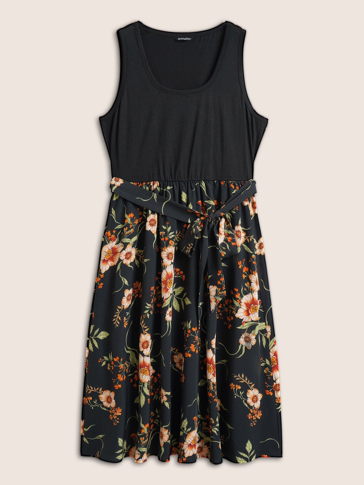 Floral Patchwork Pocket Elastic Waist Sleeveless Dress