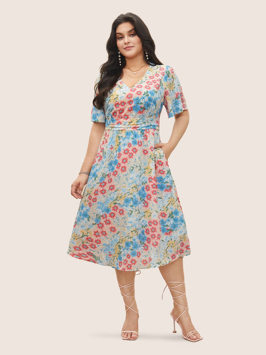 Floral Contrast Ruched Elastic Waist Dress