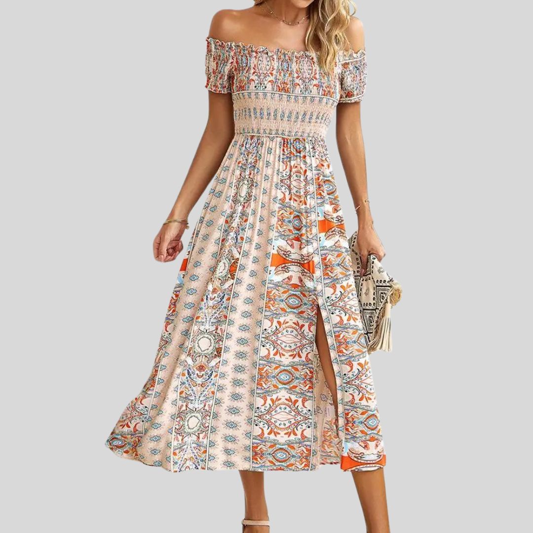 Aurora - Off-the-shoulder boho maxi dress with ruffled top