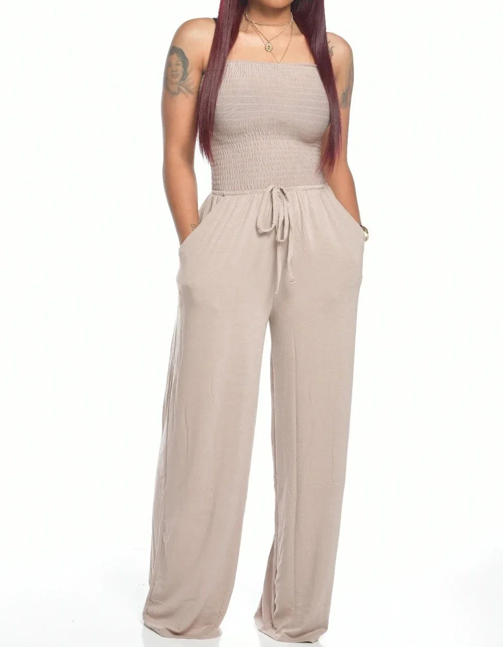 Off Shoulder Solid Color Smocked Jumpsuit