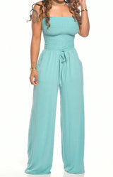 Off Shoulder Solid Color Smocked Jumpsuit