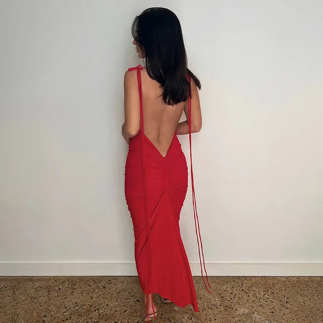 Women's maxi dress with draped backless halter