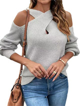 Solid Colour Shoulder Drop Cross Neck Sweater