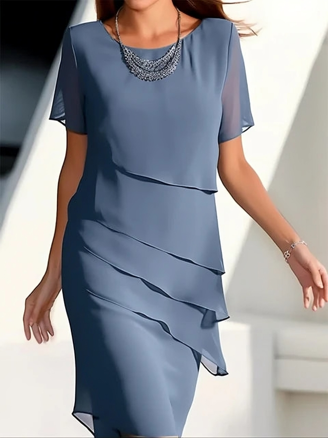 Elegant short-sleeved layered midi dress for women