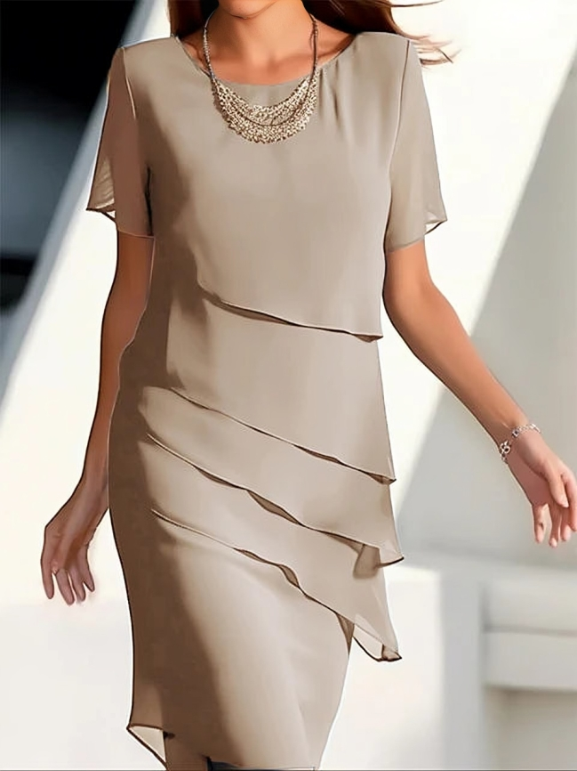 Elegant short-sleeved layered midi dress for women