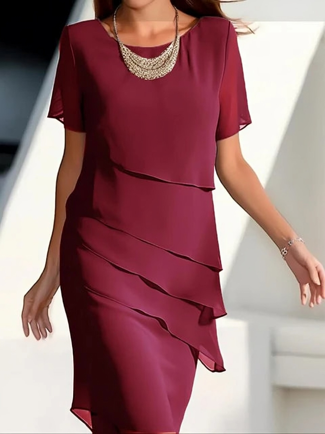 Elegant short-sleeved layered midi dress for women