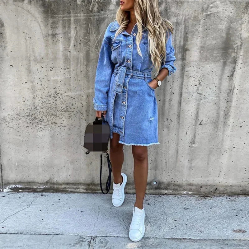 Denim Long Single-breasted Pocket Dress