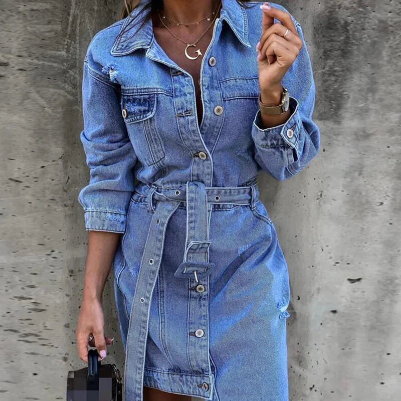 Denim Long Single-breasted Pocket Dress