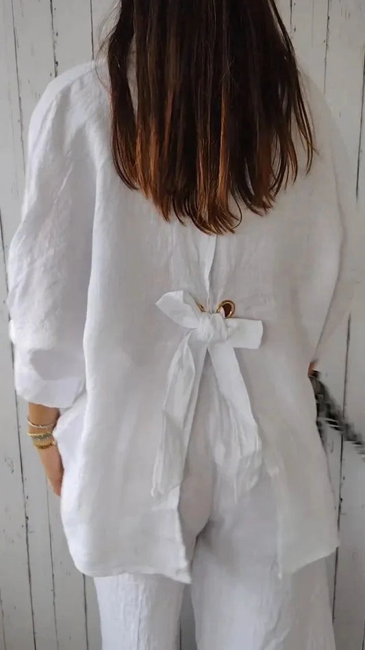 Sorrel - Casual shirt with bow closure in cotton and linen for women