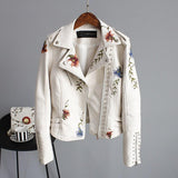 Womens Black Vegan Leather Floral Embroidered Jacket