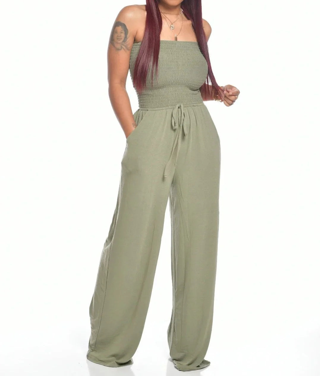 Off Shoulder Solid Color Smocked Jumpsuit