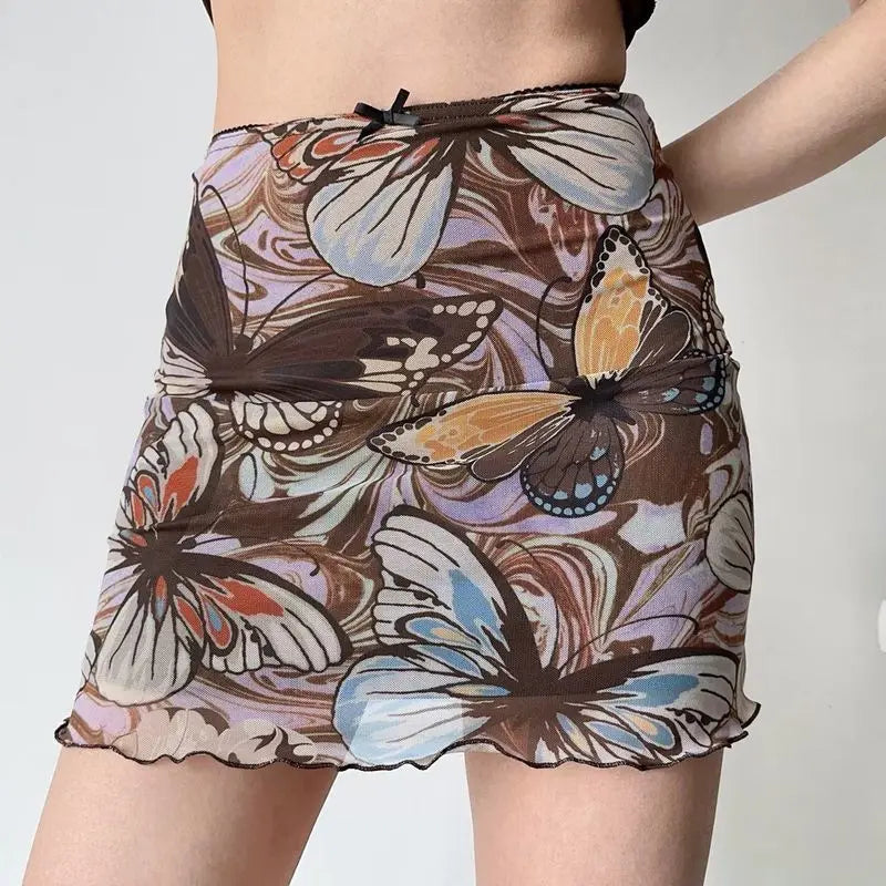 Elegant Korean-style mini skirt with butterfly print