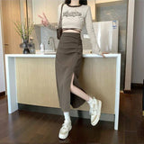 Korean-style midi skirt for women with pleats and side slit