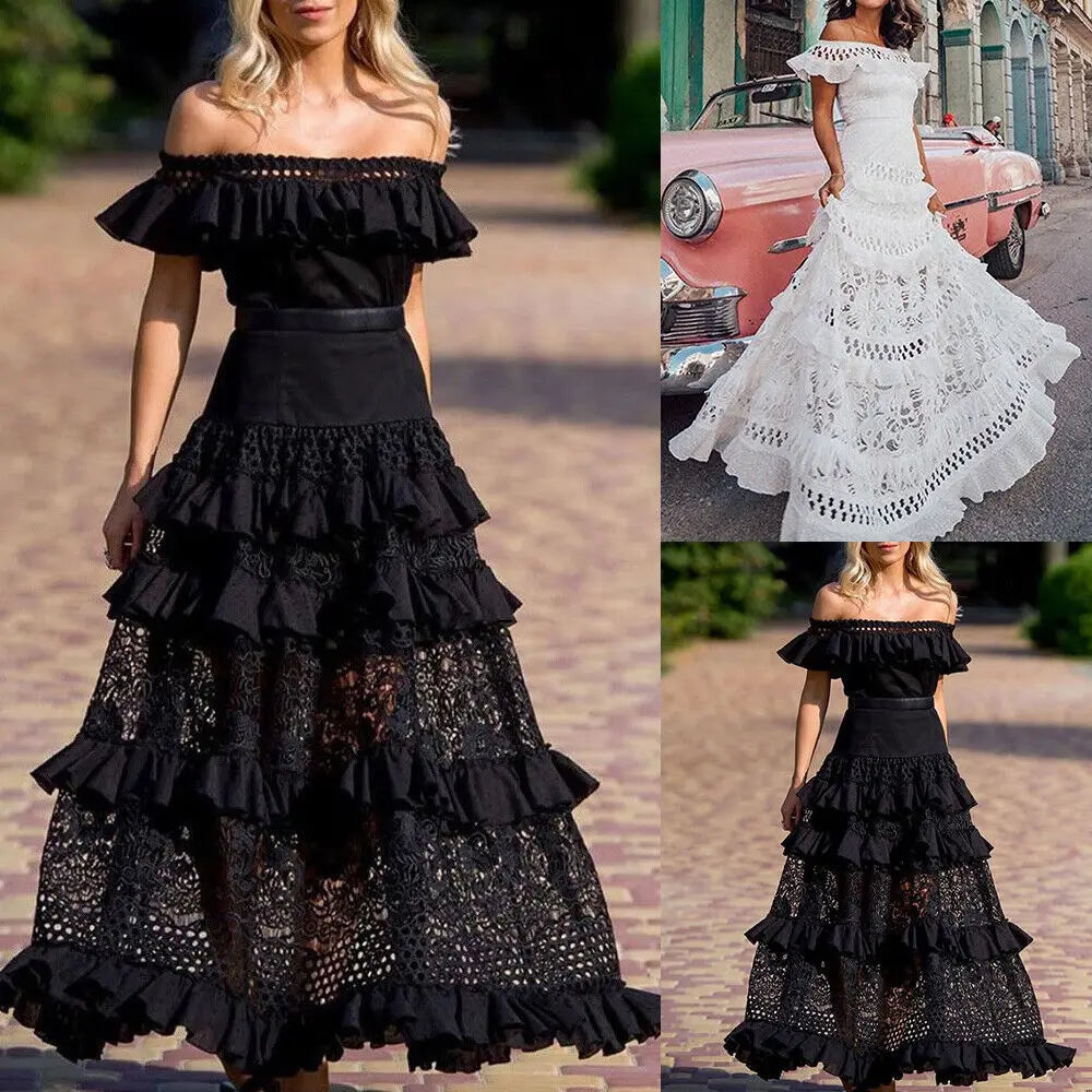 Catalina - Off-the-shoulder ruffle maxi dress with lace details