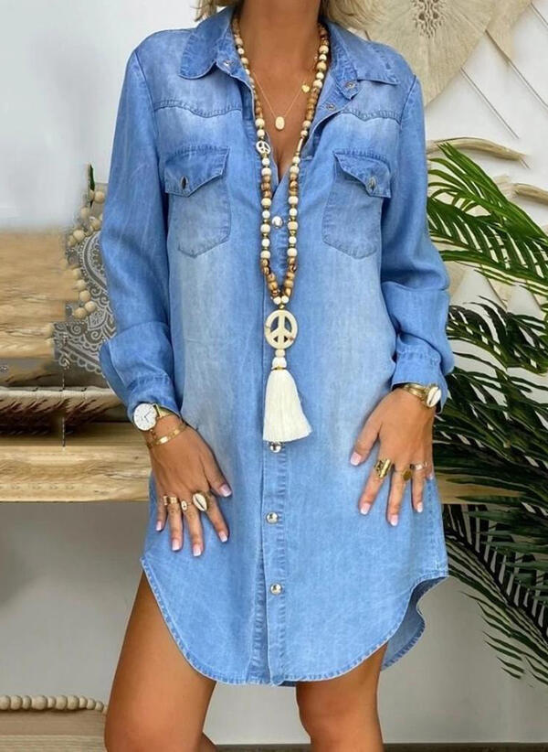 Loose, long-sleeved, Solid-coloured Denim Shirt Dress