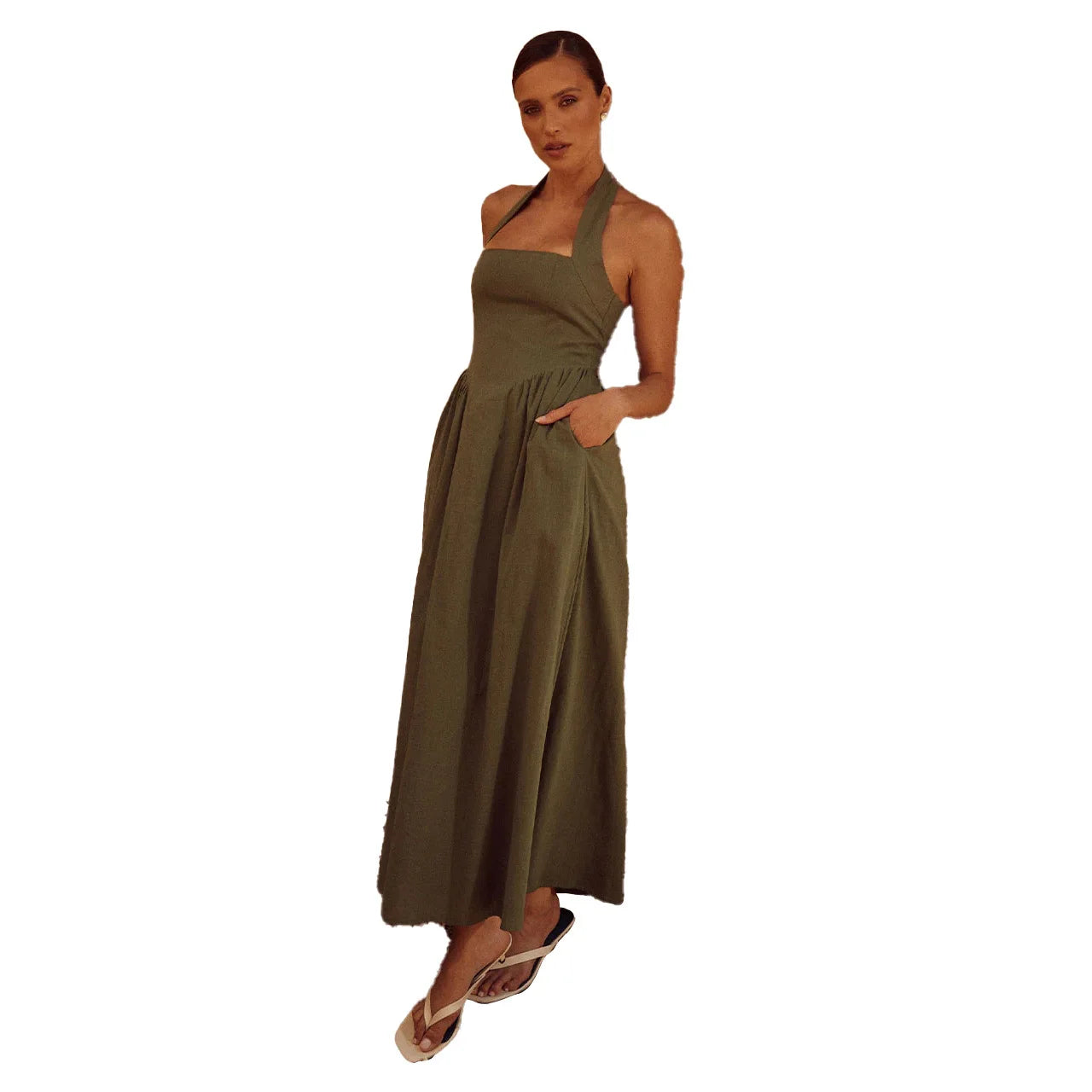 Penelope - Elegant linen maxi dress with halter neckline