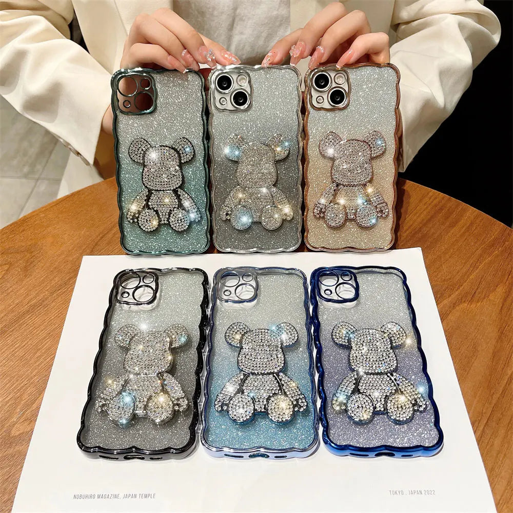 Bling Rhinestone for iPhone 11 14 12 13 Pro Max Case Glitter Diamond Cute Bear for iphone 14 15 Pro XR Xs Max 15 8 7 Plus Cover