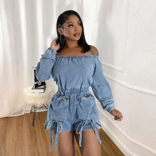 Carina - Off-the-shoulder denim playsuit with drawstring waist