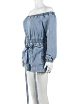 Carina - Off-the-shoulder denim playsuit with drawstring waist