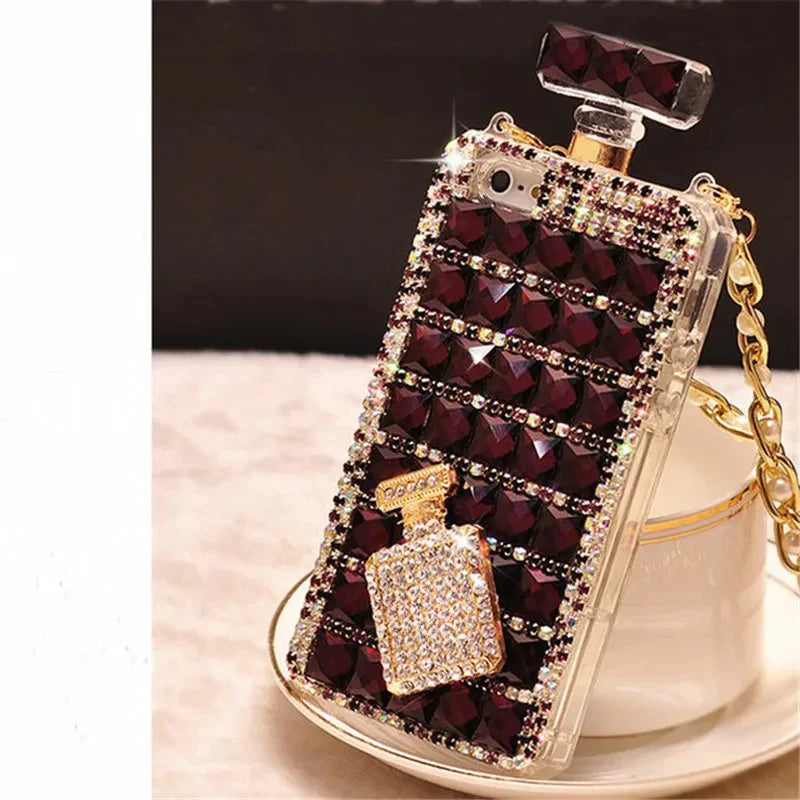 Fashion Bling Crystal Diamond Perfume Bottle Chain Handbag Cover For iPhone 15 14 13 12 11 Pro X XS MAX XR Plus Phone Case