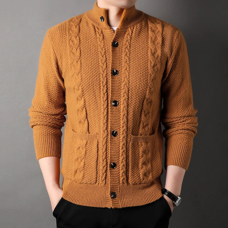 Thick knitted cardigan sweater jacket for men