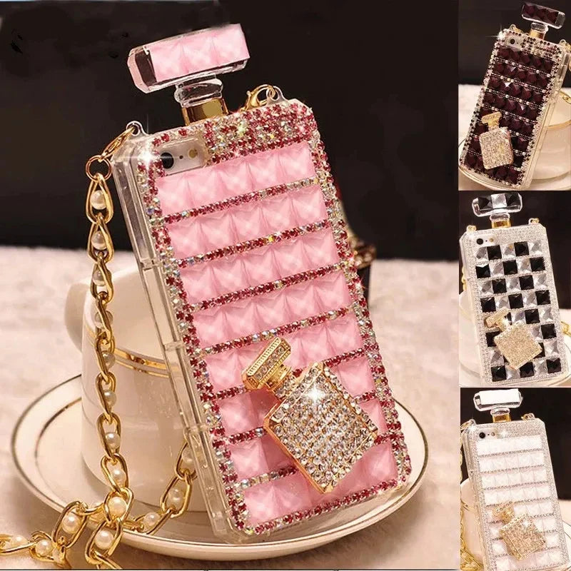 Fashion Bling Crystal Diamond Perfume Bottle Chain Handbag Cover For iPhone 15 14 13 12 11 Pro X XS MAX XR Plus Phone Case