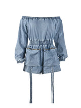 Carina - Off-the-shoulder denim playsuit with drawstring waist