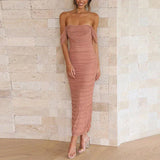 Off-the-shoulder maxi dress with gathered mesh overlay