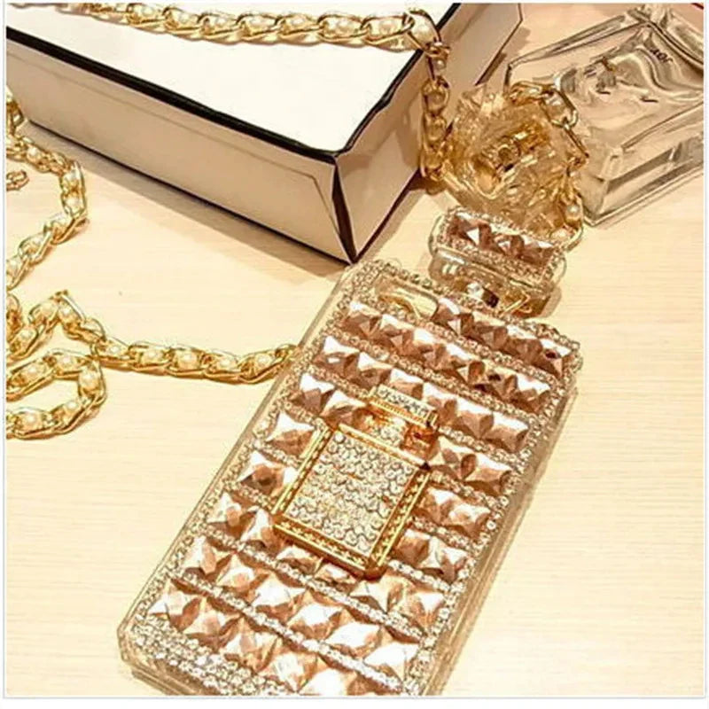 Fashion Bling Crystal Diamond Perfume Bottle Chain Handbag Cover For iPhone 15 14 13 12 11 Pro X XS MAX XR Plus Phone Case