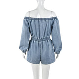 Carina - Off-the-shoulder denim playsuit with drawstring waist