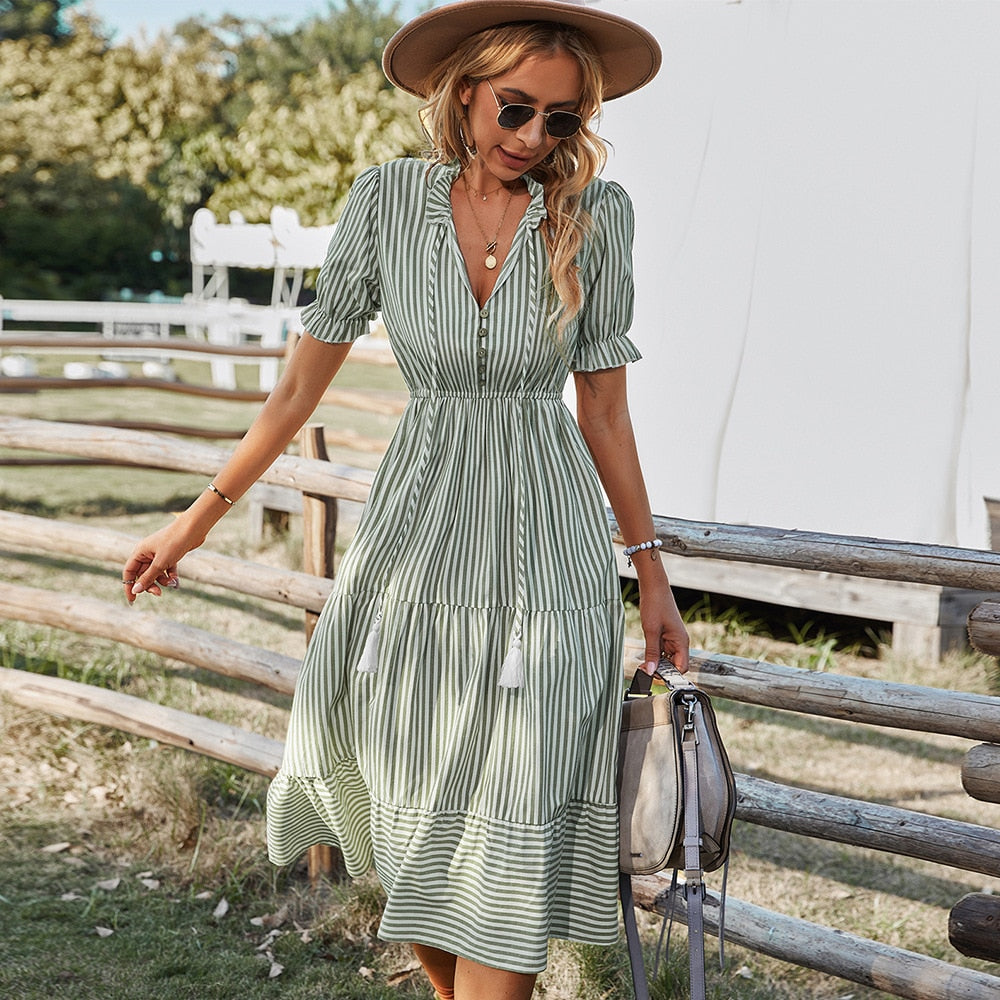 Vera dress - striped, V-neck, flounce sleeves